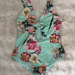 Teal Blue Floral One-Piece Swimsuit XS